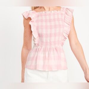 Old Navy Pink Gingham Smocked Ruffle Flutter Sleeve Peplum Blouse Top Size M